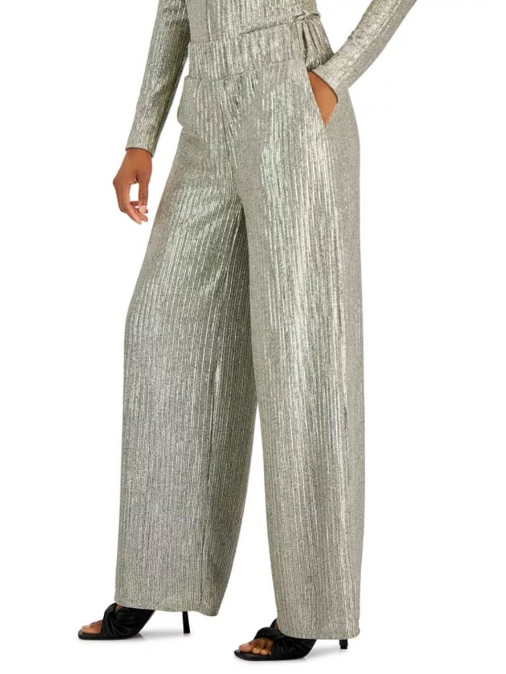 INC International Concepts Metallic Wide-Leg High Rise Pull-On Pants Palazzo Med